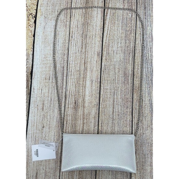 J Silver Iridescent Evening Clutch‎ Rhinestone Bow Detail Chain Strap NWT - Picture 2 of 7